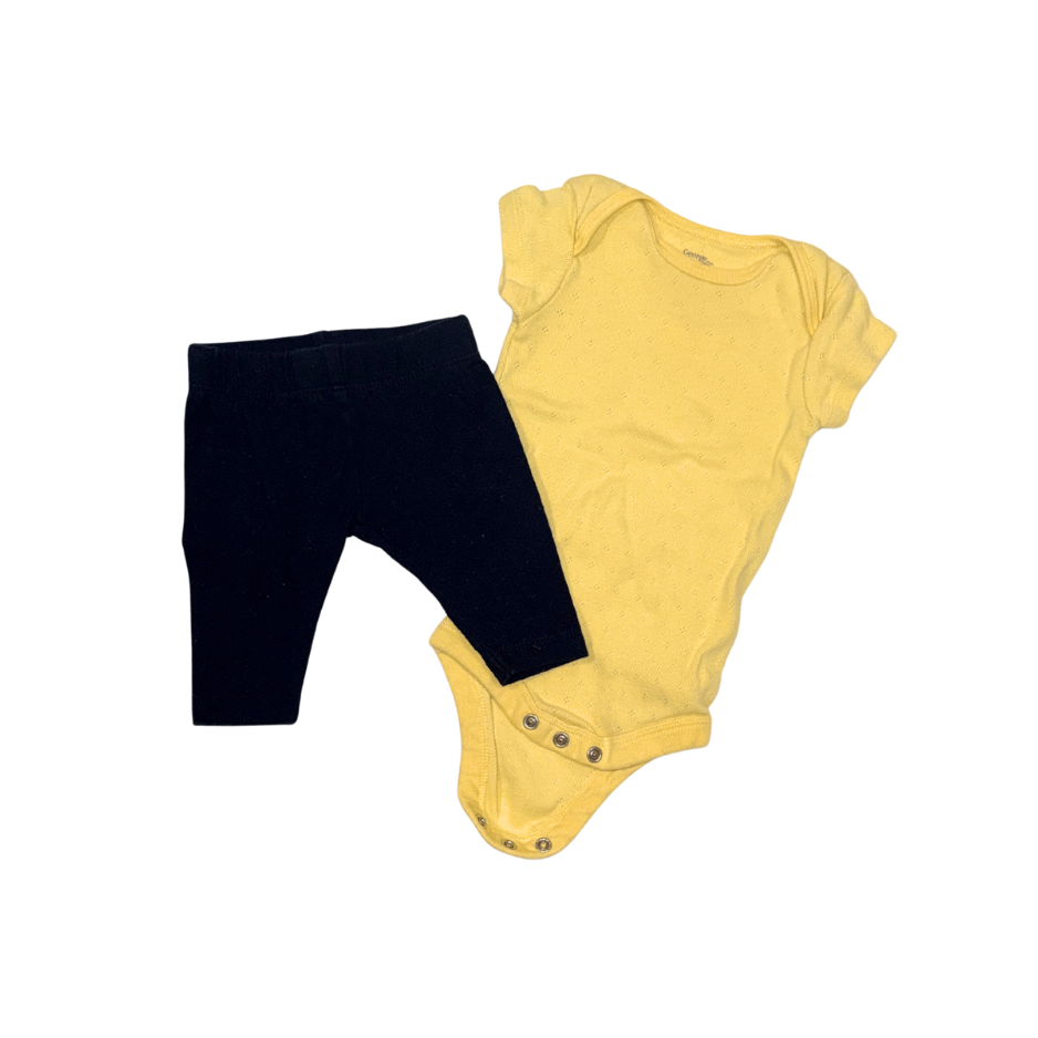 Set of 2 items | Yellow short-sleeve bodysuit & black pants | 0-3M