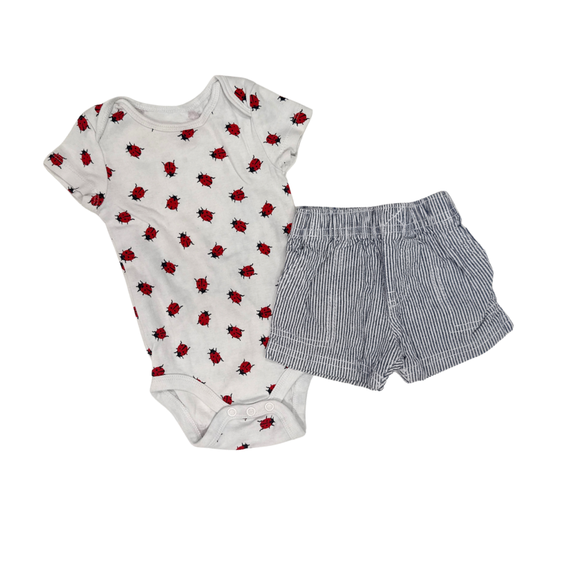 Multi Brands | Set Of 2 | White With Red Ladybugs Bodysuit & Blue Striped Shorts | 3M