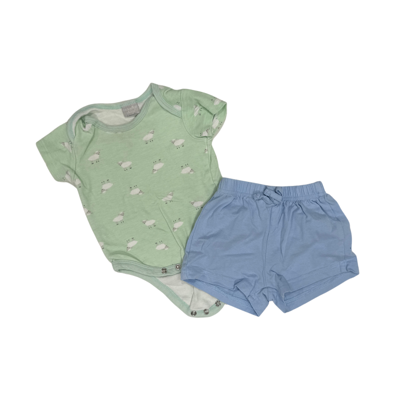 Multi Brands | Set Of 2 | Light Green with Sheep Pattern Bodysuit & Light Blue Shorts | 3M