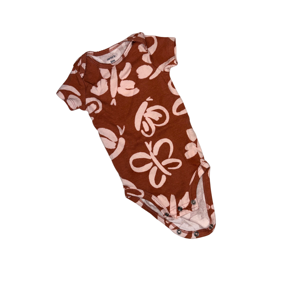 Brown & pink butterfly pattern bodysuit | short-sleeve | 6M