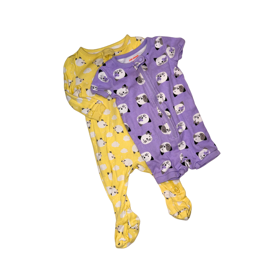 Set of 2 Yellow & lilac onesies with kittens & sheep | 3-6M