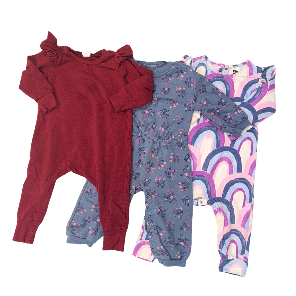 Set of 3 overalls | Maroon, Floral blue & pink pattern | 12M