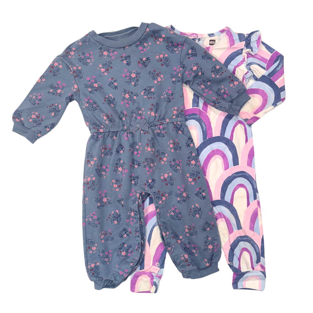 Set of 3 overalls | Maroon, Floral blue & pink pattern | 12M