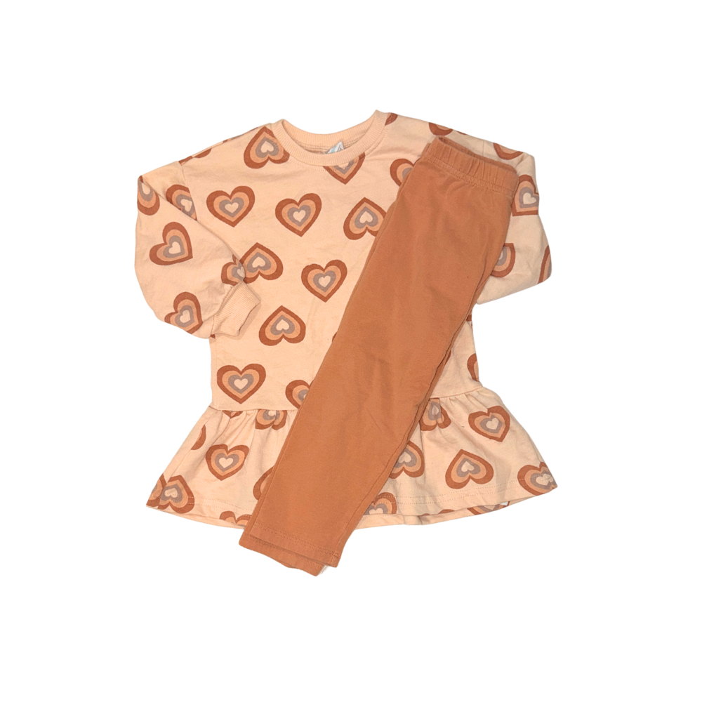 Set of long-sleeve t-shirt & leggings | Heart pattern & light brown | 18M