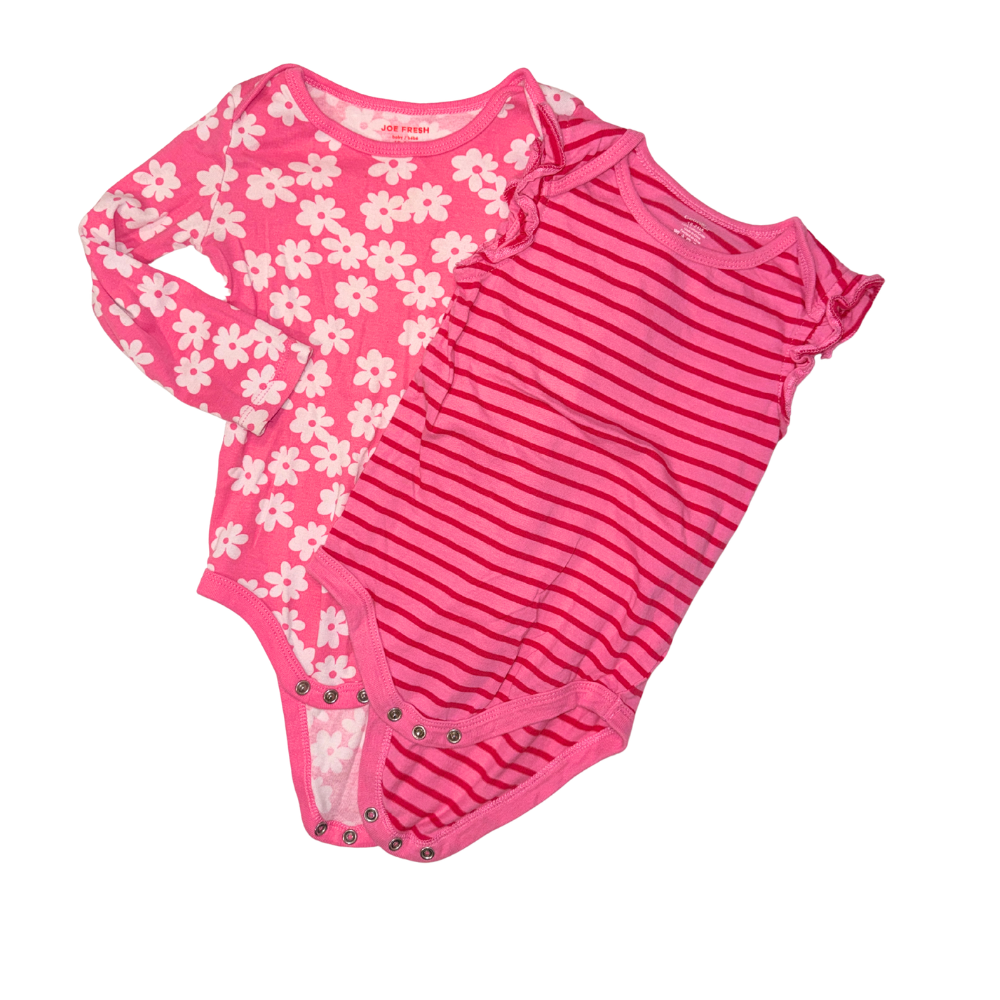 Set short-sleeve & long-sleeve onesies | Pink with flowers & Pink with red stripes | 18-24M