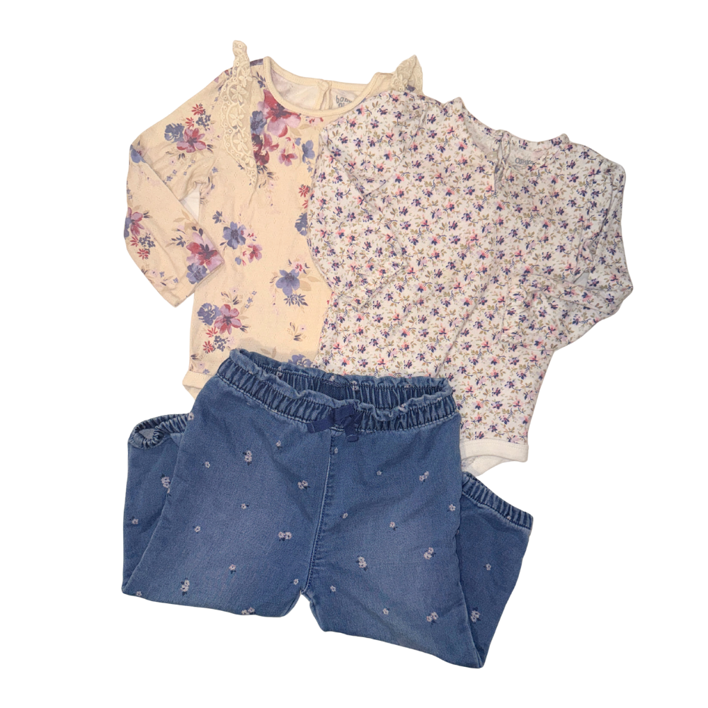 Set of 1 denim pants & 2 floral onesies | 18M