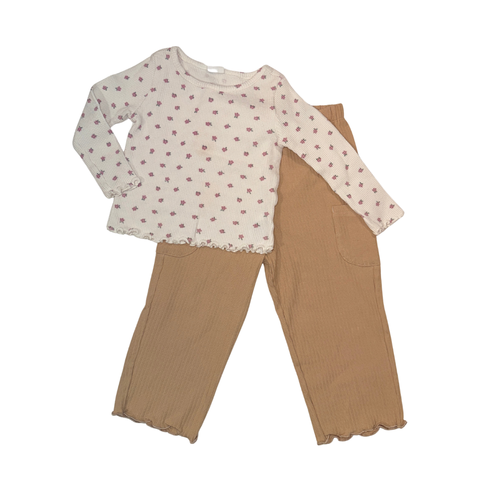 Set of 1 floral t-shirt & caramel lightweight pants | 18-24M
