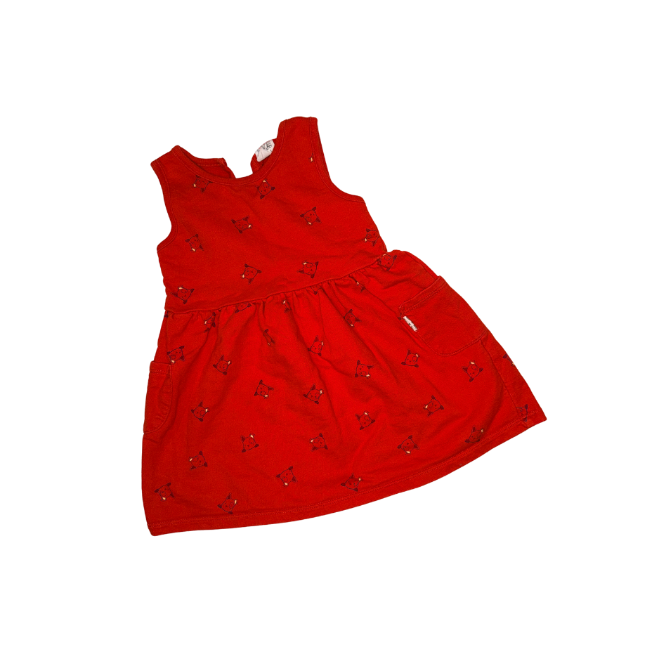 Red organic cotton dress with dog pattern | 18M