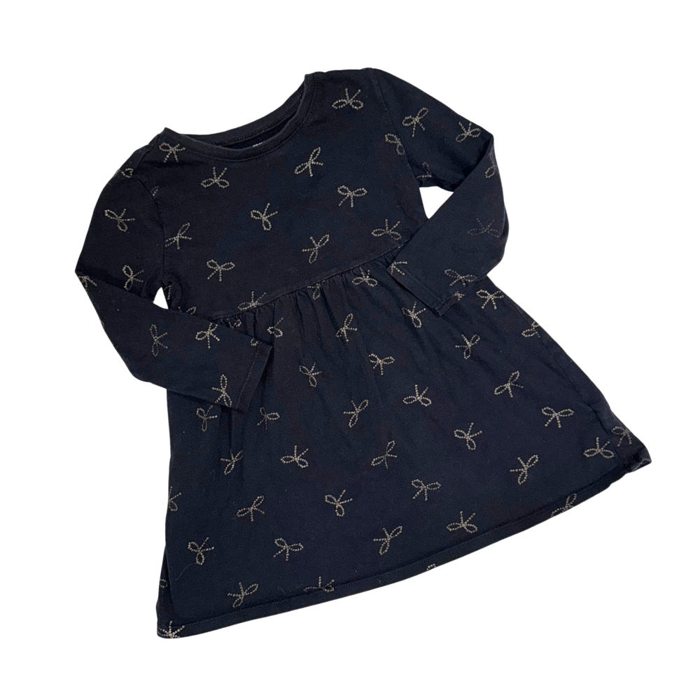 Black long-sleeve dress with gold bows pattern | 3T