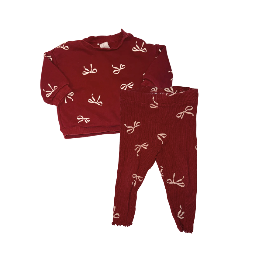 Dark red sweatshirt & pants with bows pattern | 4-6M
